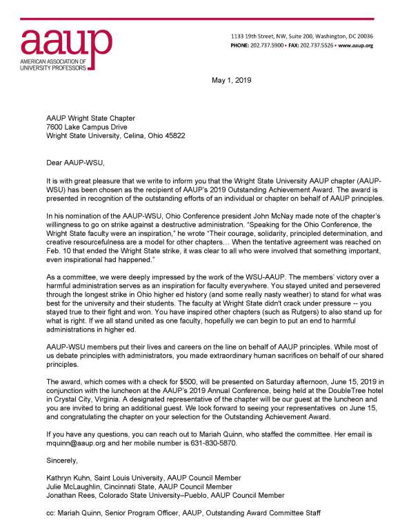 Outstanding Award Letter for Wright State